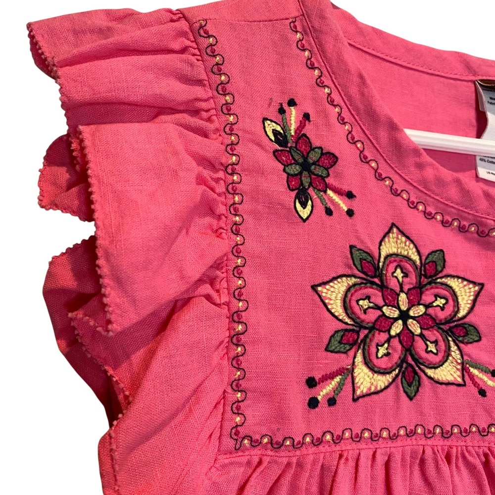 TEA COLLECTION Malati Kantha LINEN Embroidered Floral Dress Girls 10 Pink Boho - Picture 3 of 9